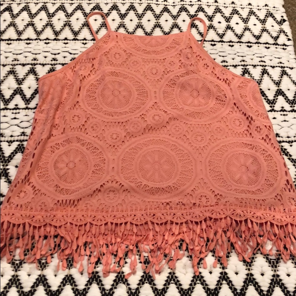 Halter style tasseled crocheted pink tank top